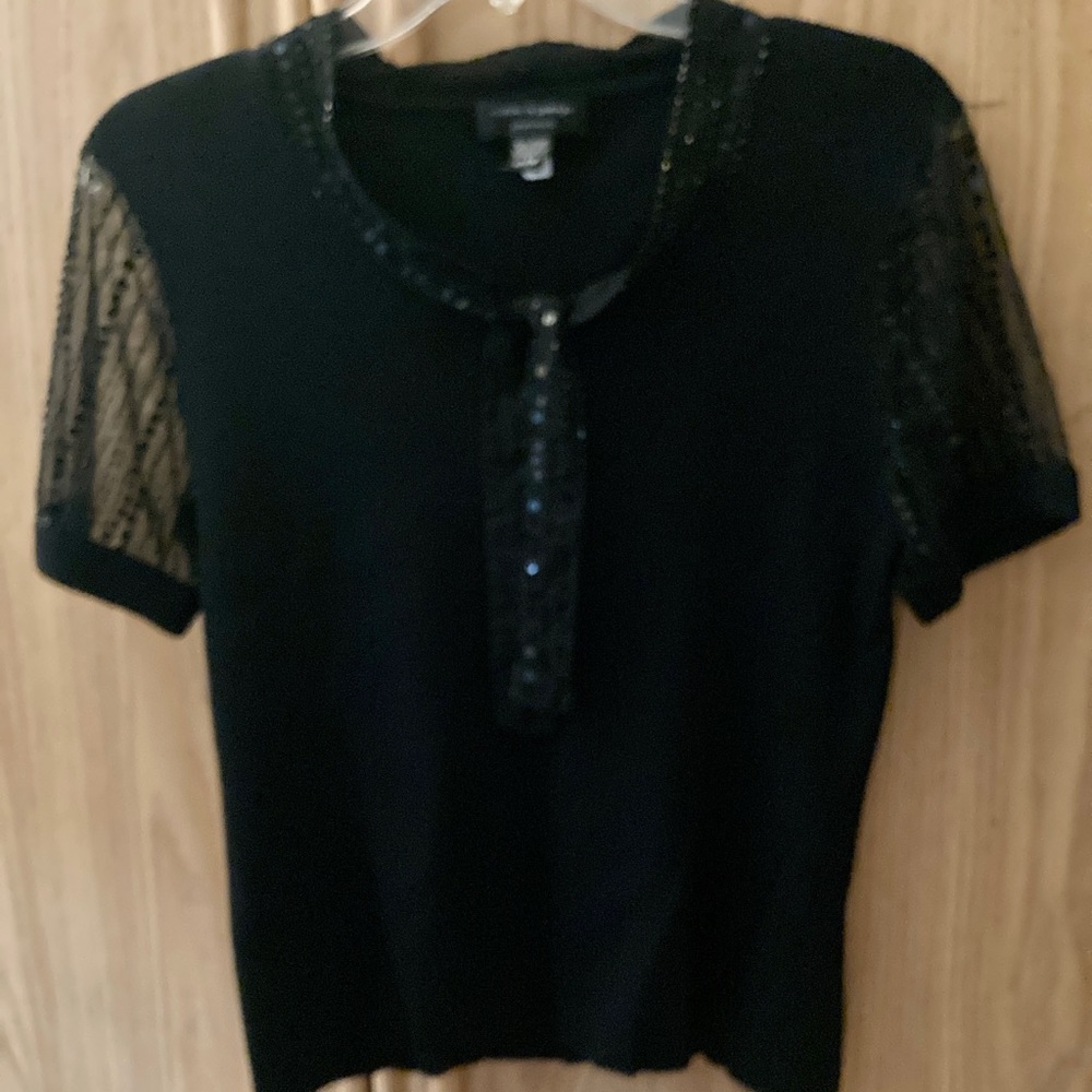 Cable & Gauge Petites - Sheer Black Sequined Short Sleeve Blouse - NWOT